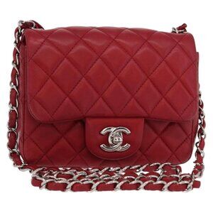 CHANEL Mini Materasse 17 Chain Shoulder Bag Lamb Skin Red Silver CC Auth 152236V